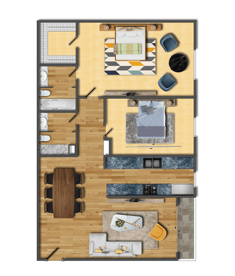 Floor plan for 2 beds, 2 baths, 1150 sqft
